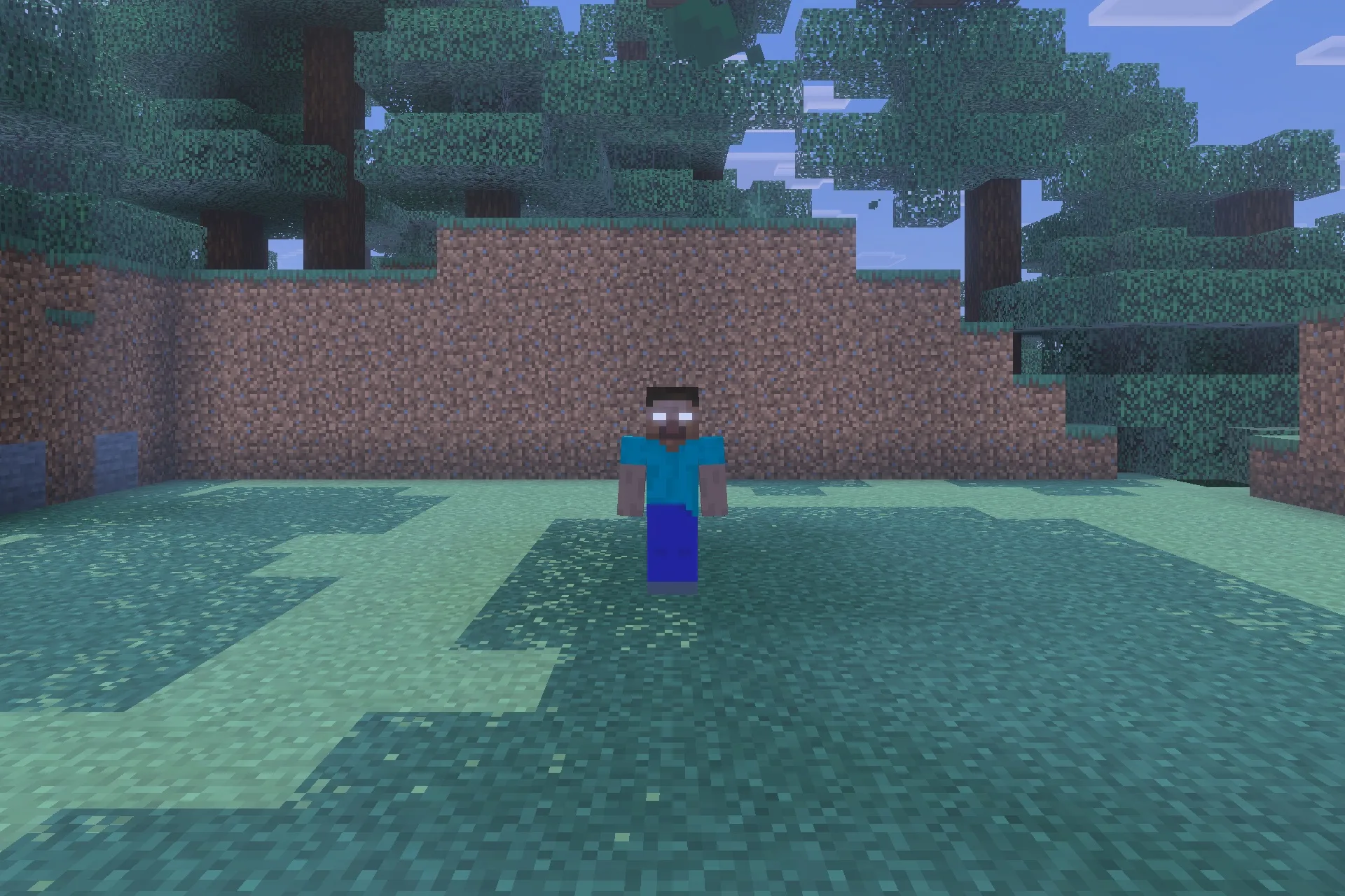 Herobrine Lurking Addon Screenshot 4 Herobrine with glowing white eyes watches from a dirt wall in the forest