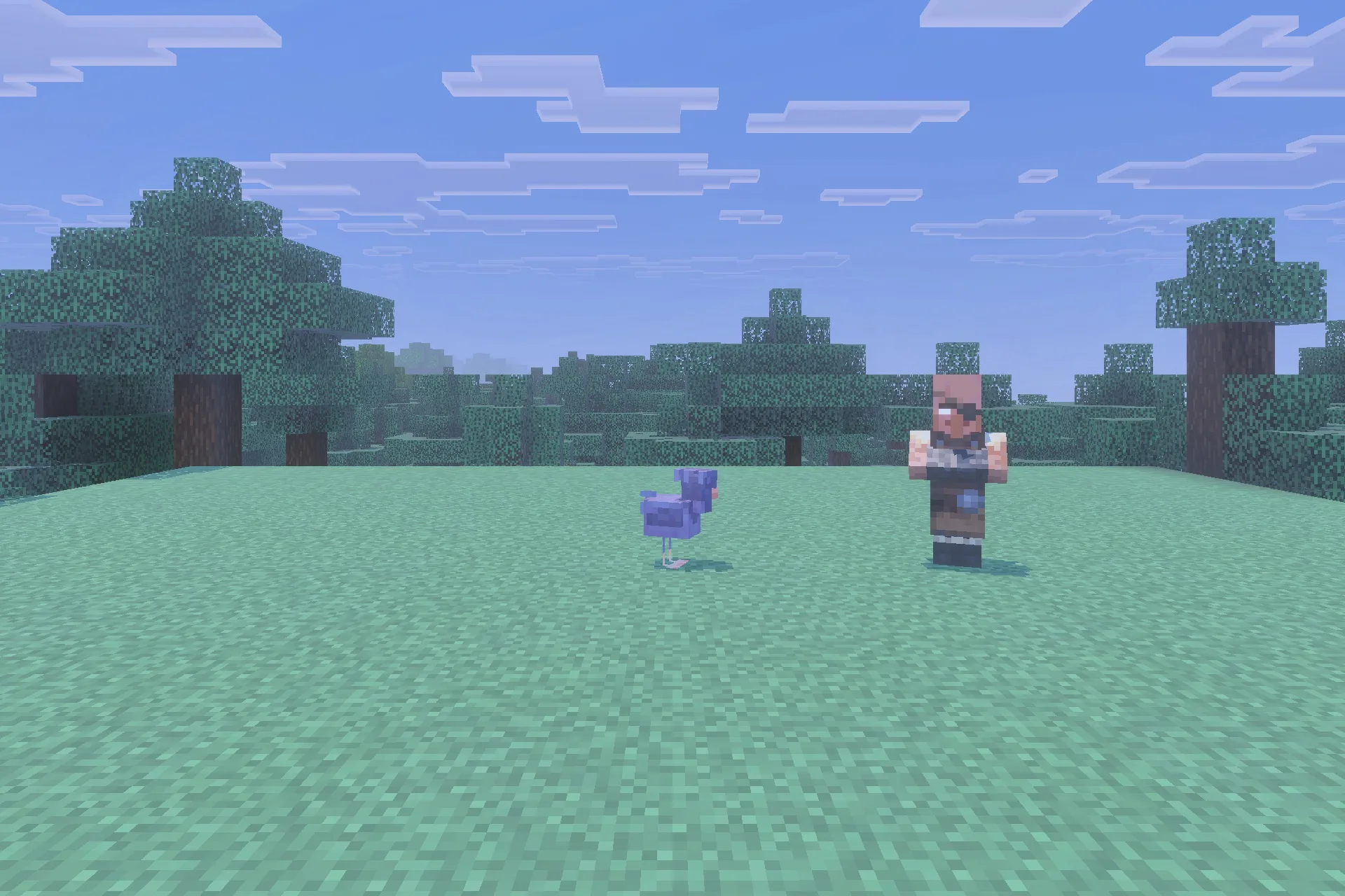 Herobrine Lurking Addon Screenshot 3 A possessed villager with glowing white eyes stands near a purple chicken on grass