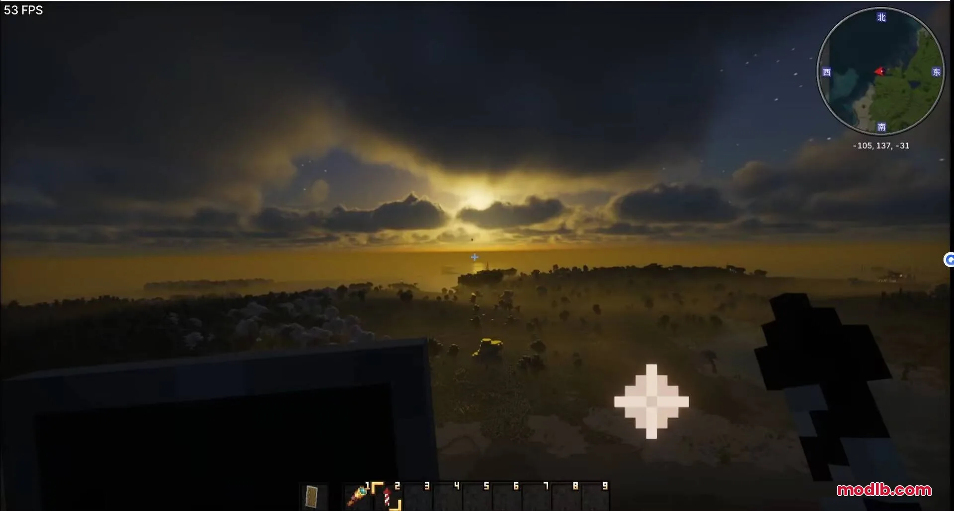 Horizon Reach Render Mod Screenshot 3 Horizon Reach Render Mod displays distant terrain chunks during a dark sunset view