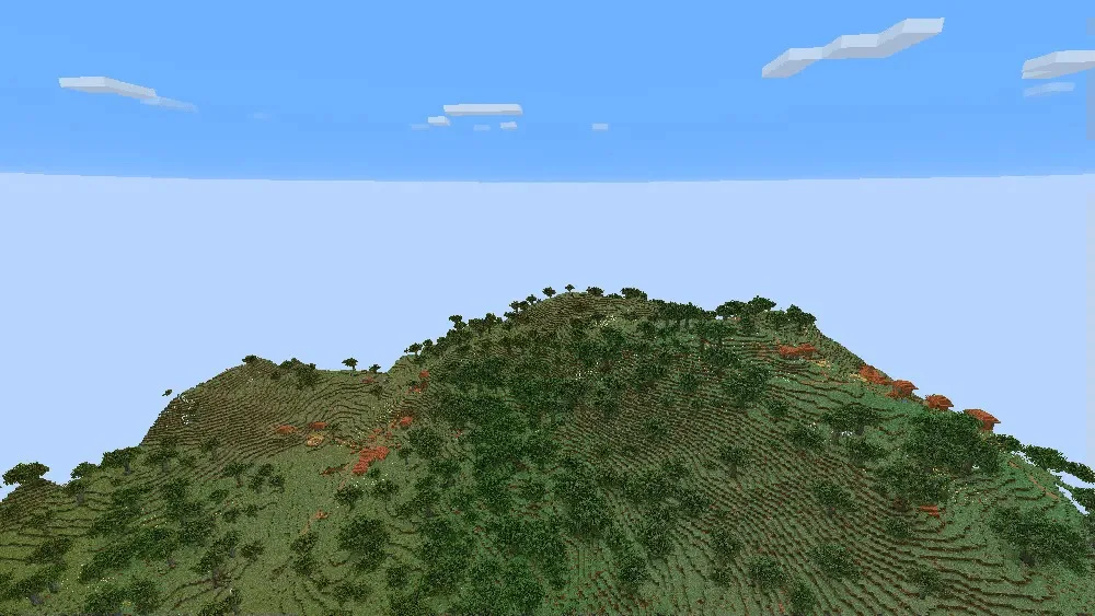 Wide open natural landscape with rolling green hills and trees in Minecraft