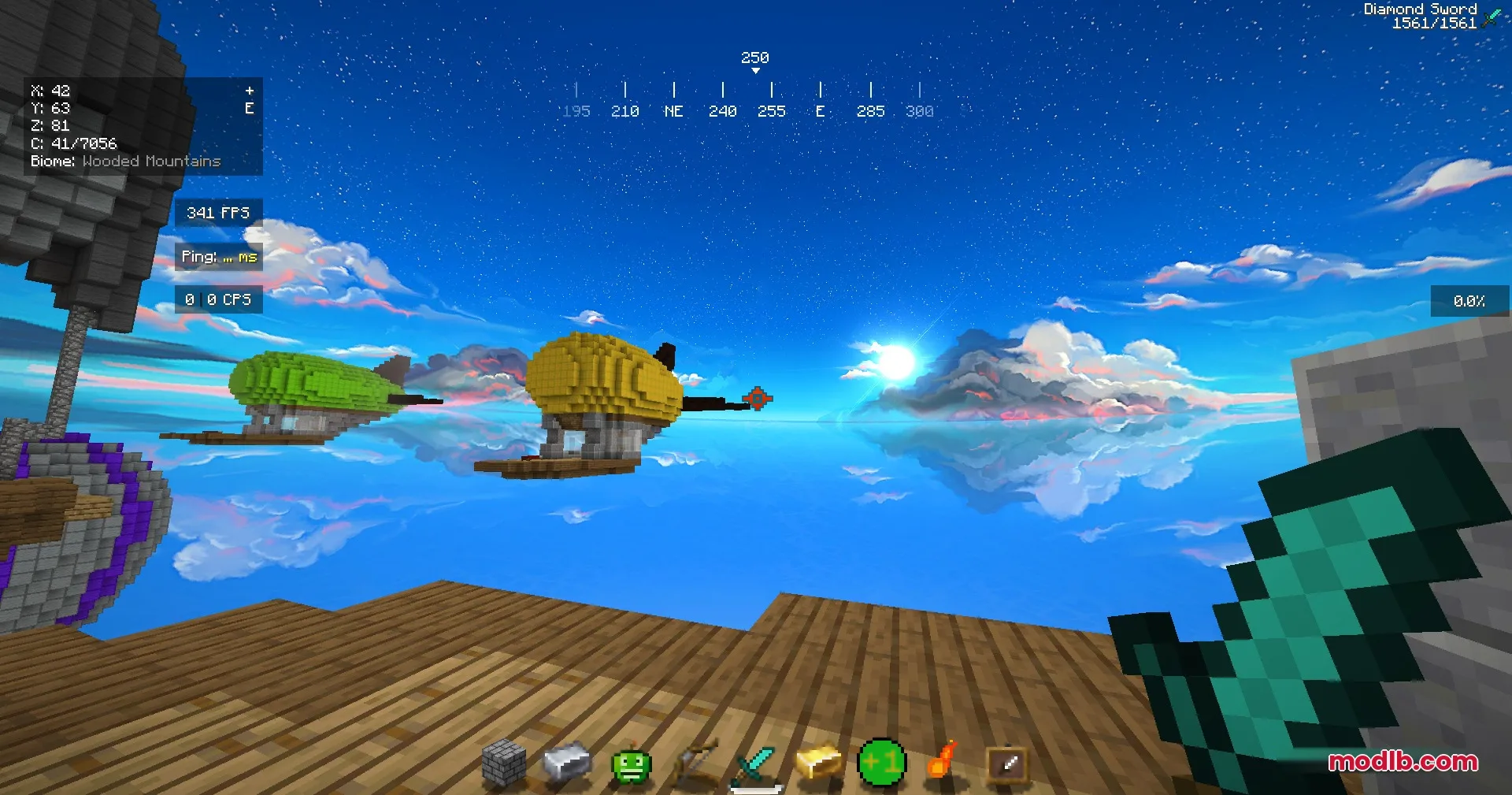 Jef's Better Bedwars Jefwars Resource Pack Screenshot 2 A player holds a short diamond sword overlooking a vast sky with airships