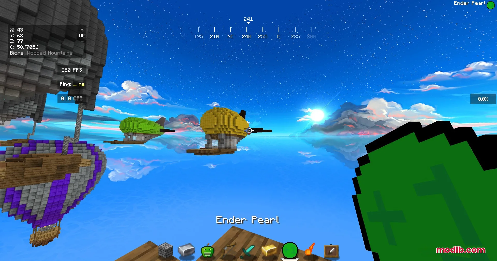Jef's Better Bedwars Jefwars Resource Pack Screenshot 4 A player holding a green ender pearl overlooking several floating airships