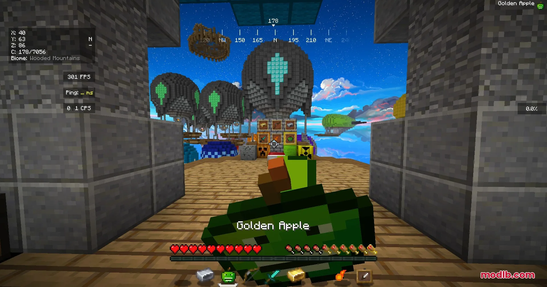 Jef's Better Bedwars Jefwars Resource Pack Screenshot 1 A player holds a custom green Golden Apple item in a floating arena