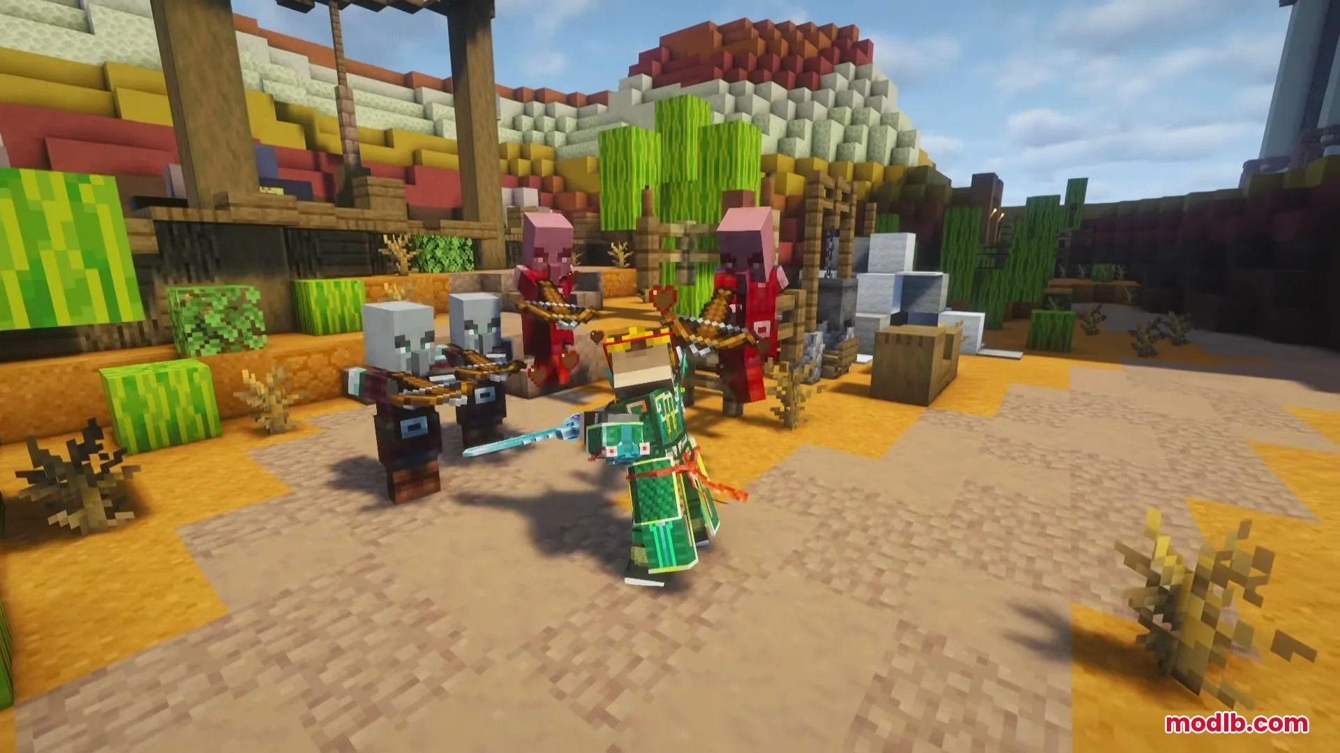 Jinghui2 Mod Screenshot 7 Player in green Chinese armor faces pillagers in a desert mesa biome