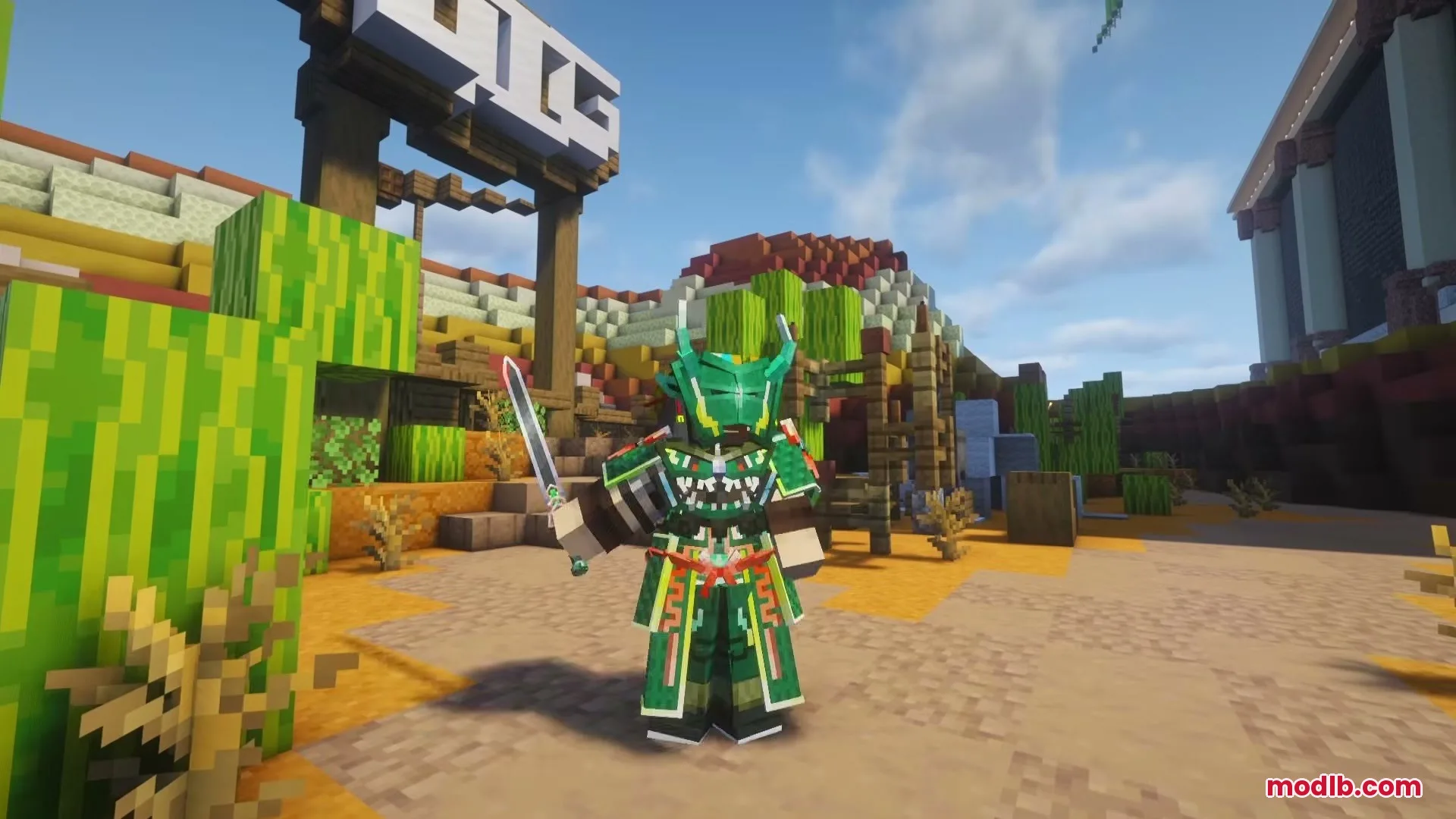 Jinghui2 Mod Screenshot 3 A player wearing green Jinghui2 armor holding a sword in a desert biome