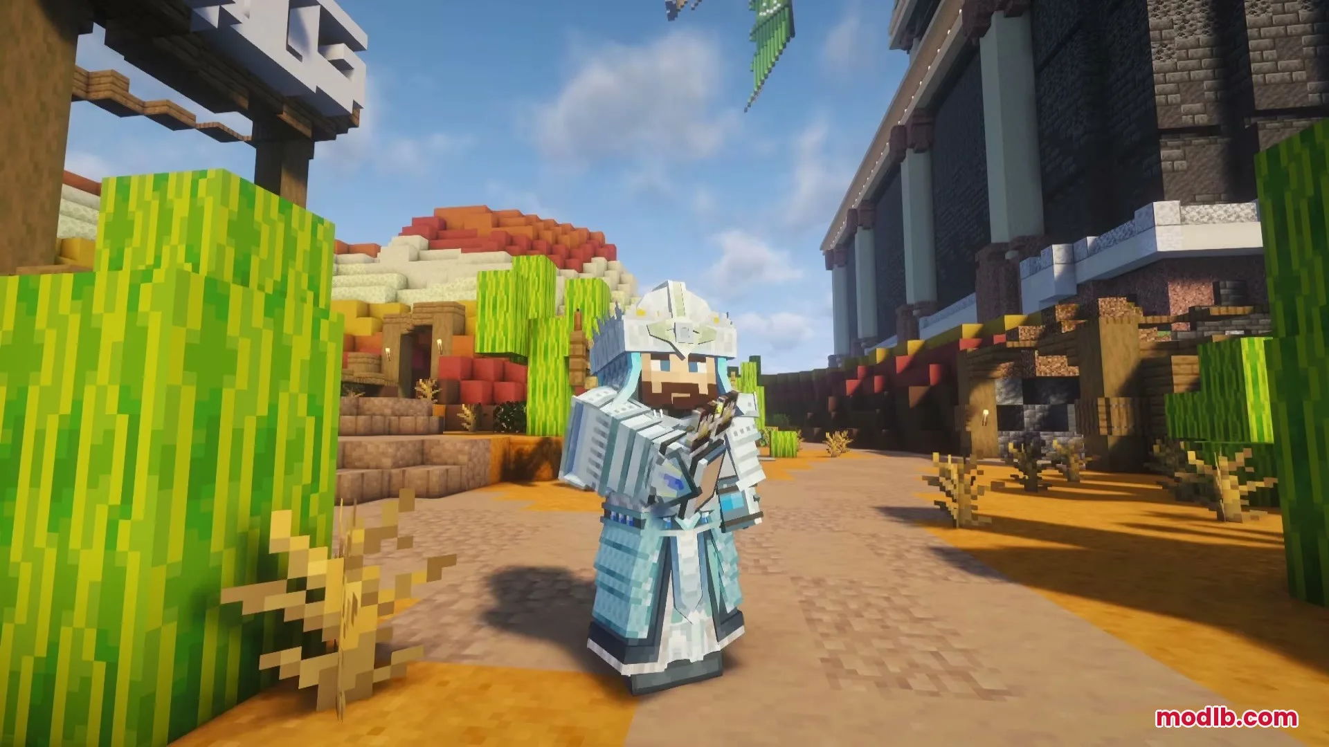 Jinghui2 Mod Screenshot 2 A character showcasing light blue traditional Chinese style armor in a desert