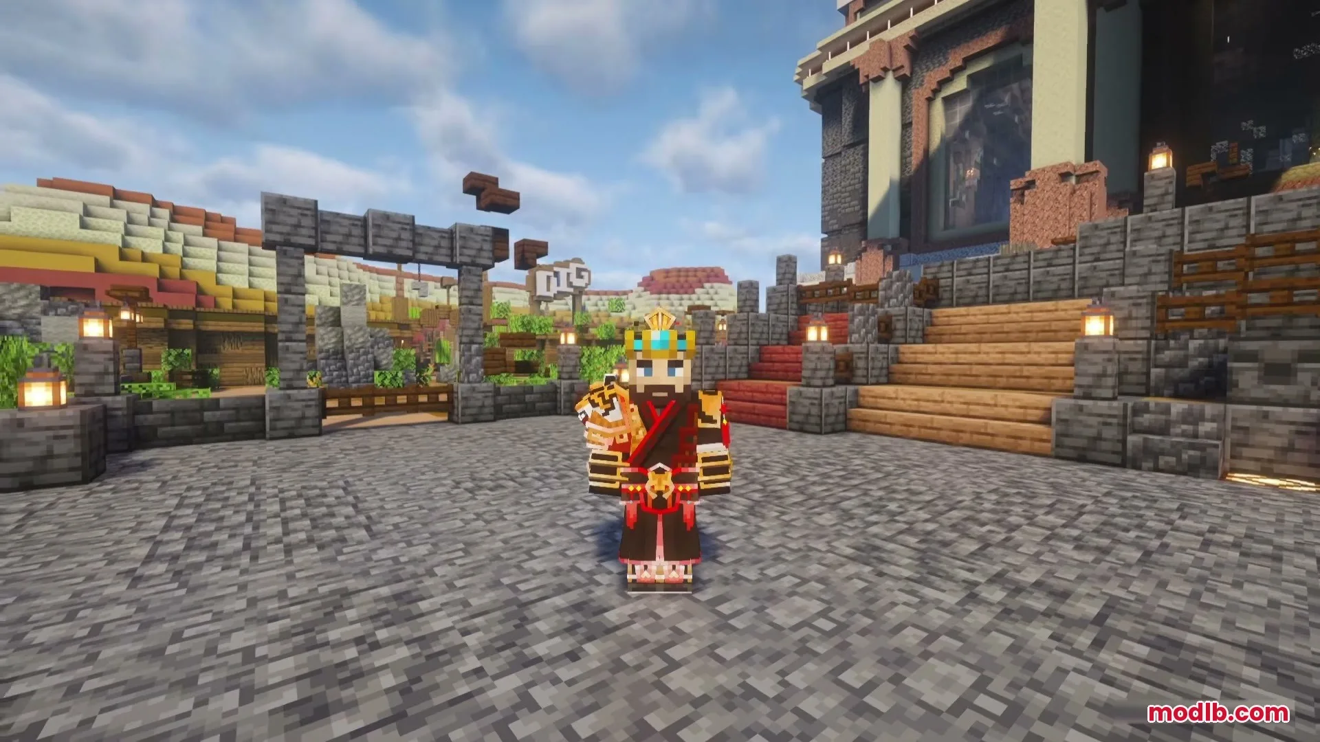 Jinghui2 Mod Screenshot 5 A player wearing Jinghui2 Mod red and gold Chinese armor in a stone courtyard