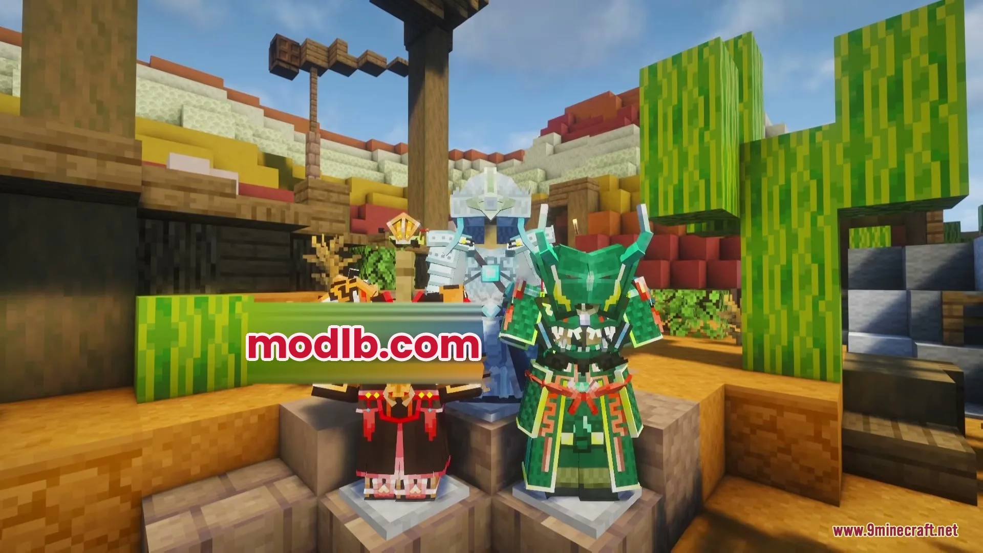 Jinghui2 Mod Screenshot 4 Three sets of traditional Chinese style armor displayed on stands in Minecraft