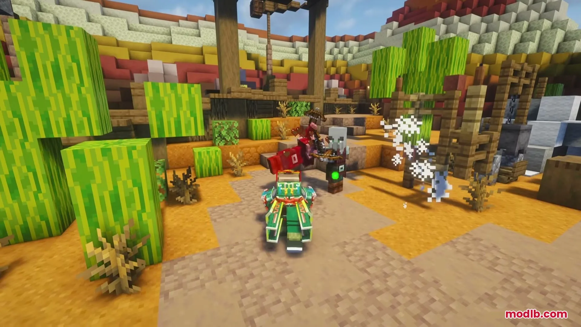 Jinghui2 Mod Screenshot 8 Character in green armor strikes an illager with custom combat animations and particles