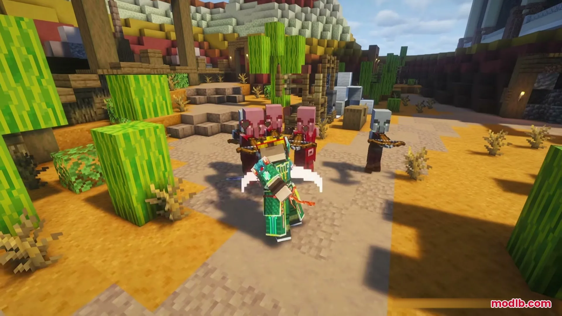 Jinghui2 Mod Screenshot 6 A player in green Chinese armor battles several Pillagers in a desert landscape
