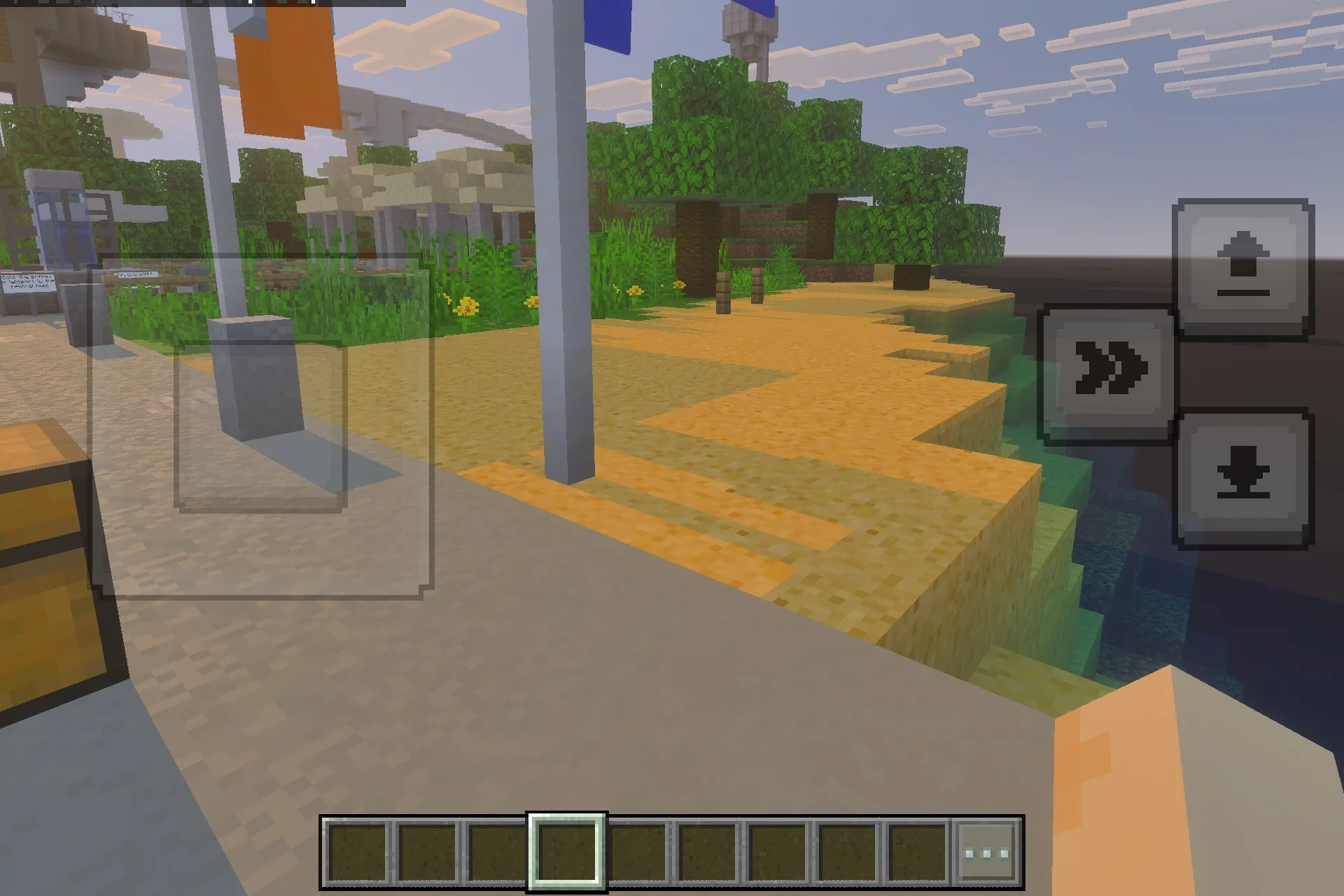 A player explores a peaceful island environment with flags and lush trees