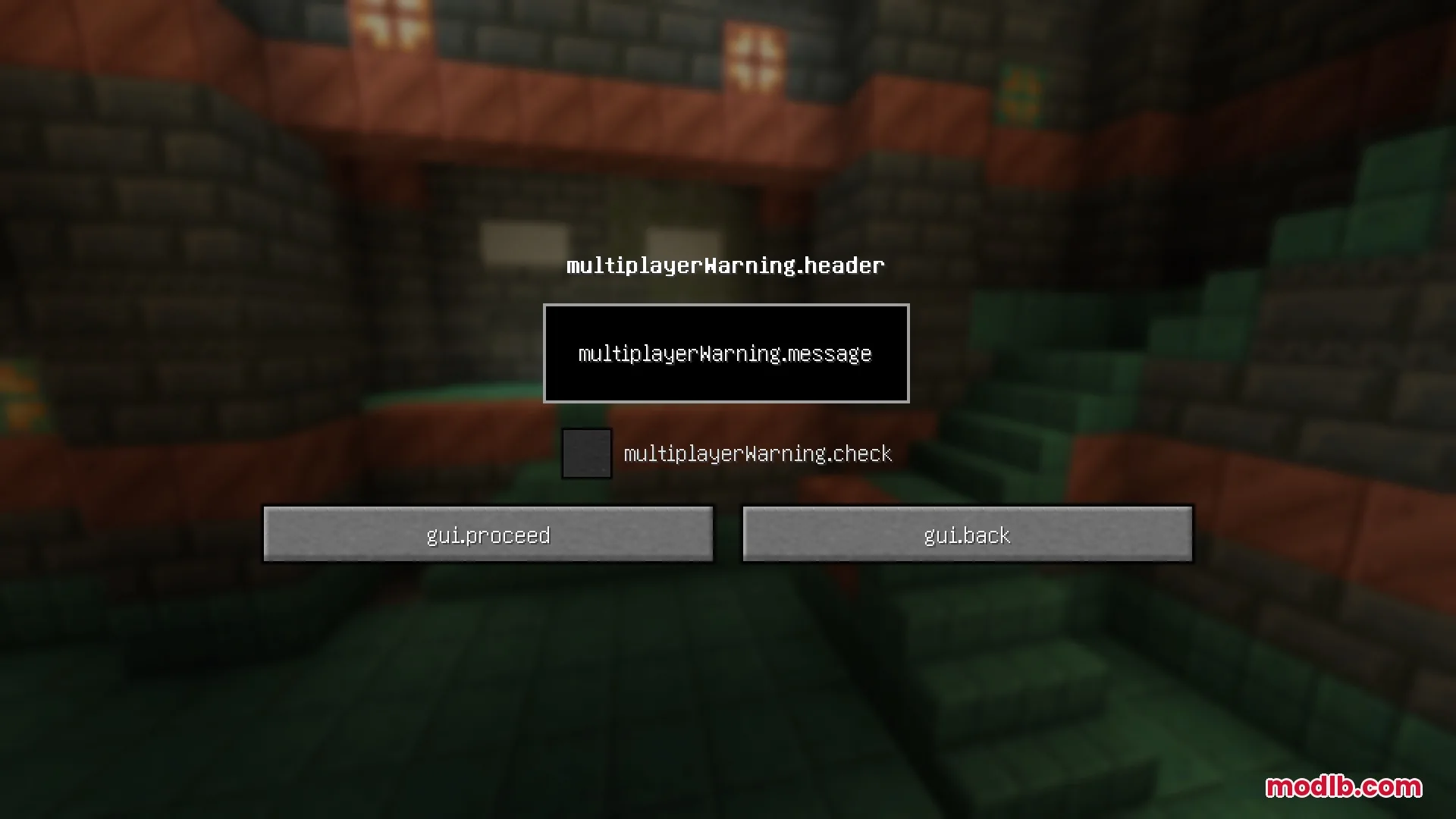Key Language Pack Resource Pack Screenshot 4 Multiplayer warning screen showing raw translation keys instead of normal text