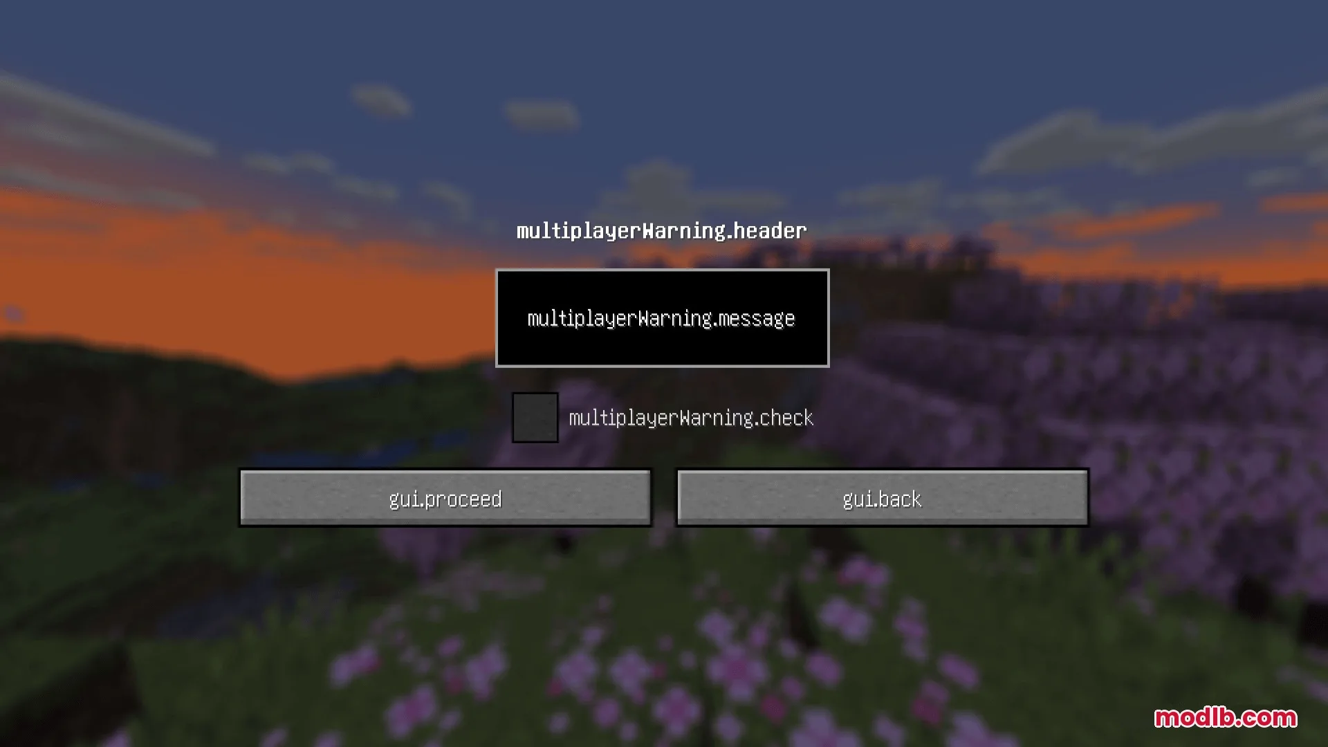 Key Language Pack Resource Pack Screenshot 5 A Minecraft multiplayer warning screen showing raw translation keys for all menu text