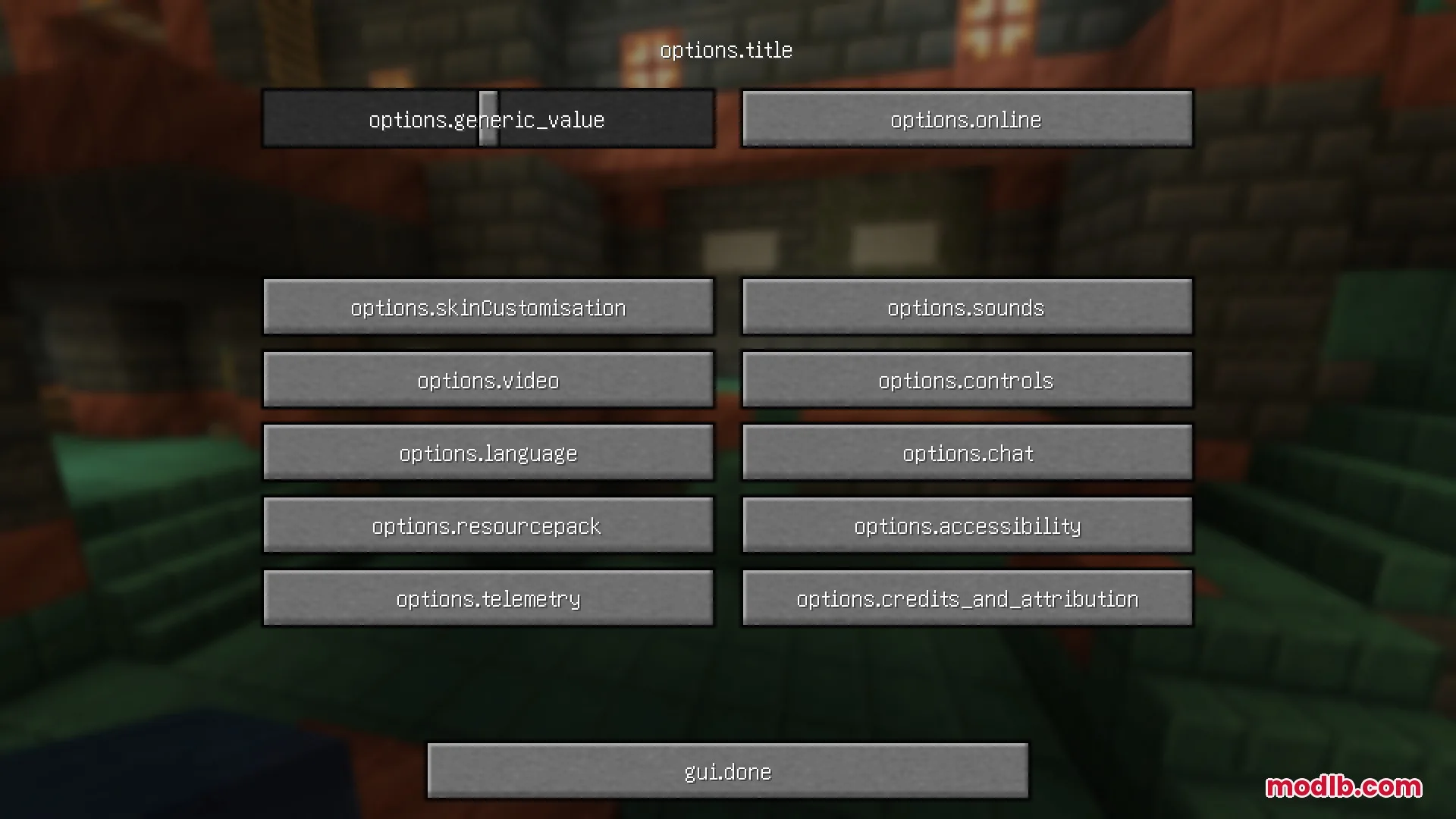 Key Language Pack Resource Pack Screenshot 2 Game settings menu showing raw translation keys for various options and buttons