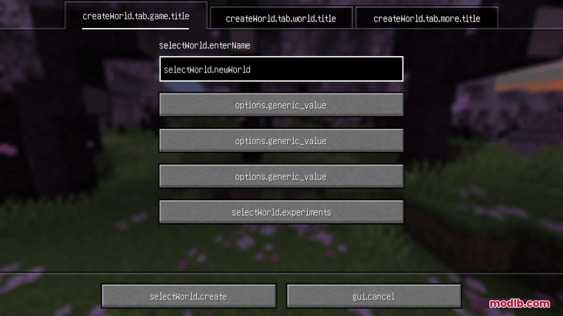 Key Language Pack Resource Pack Screenshot 1 Minecraft create world screen displaying raw translation keys for all menu buttons