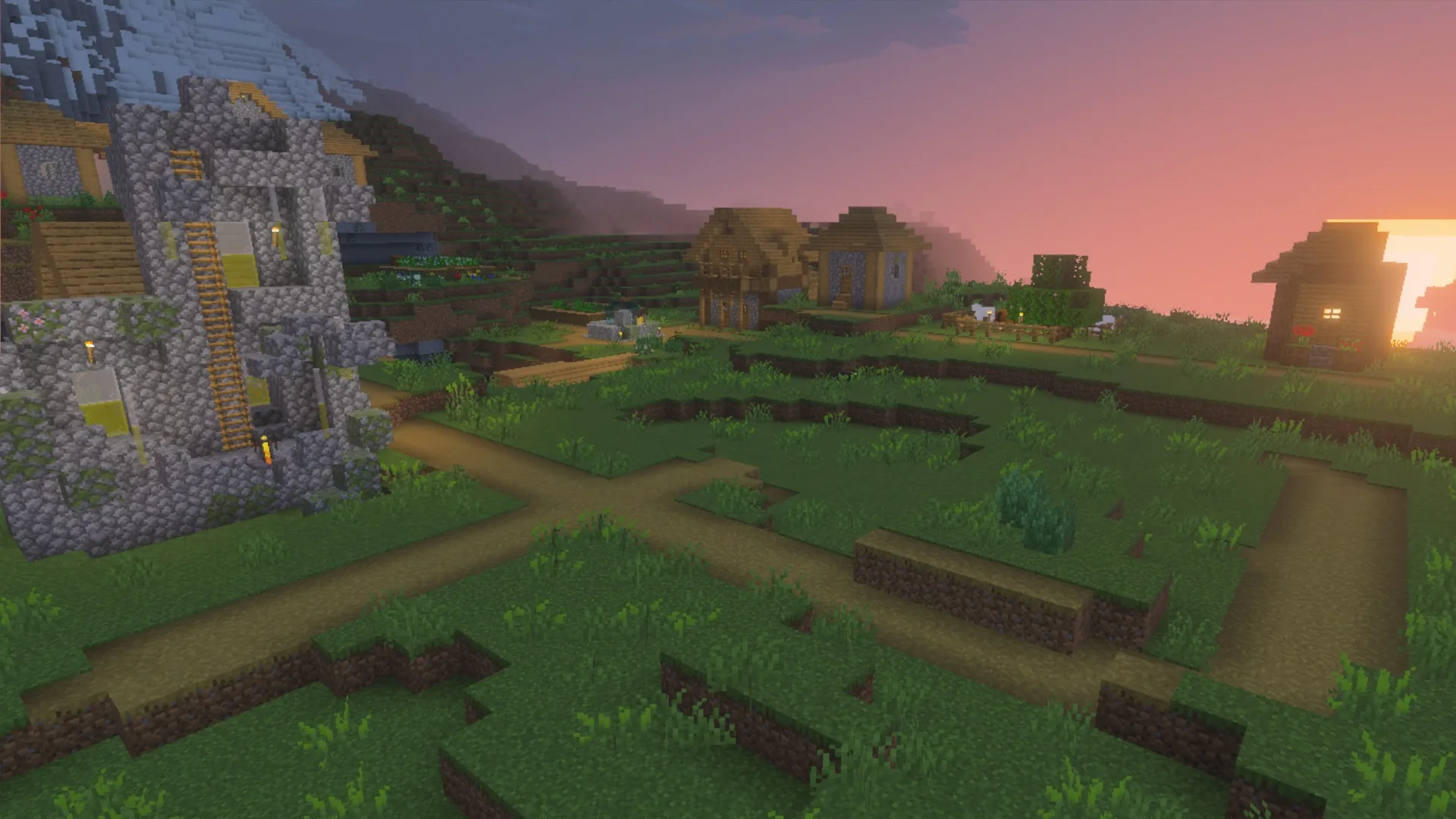 A survival village with houses, animals and pathways textured by the La Nature pack