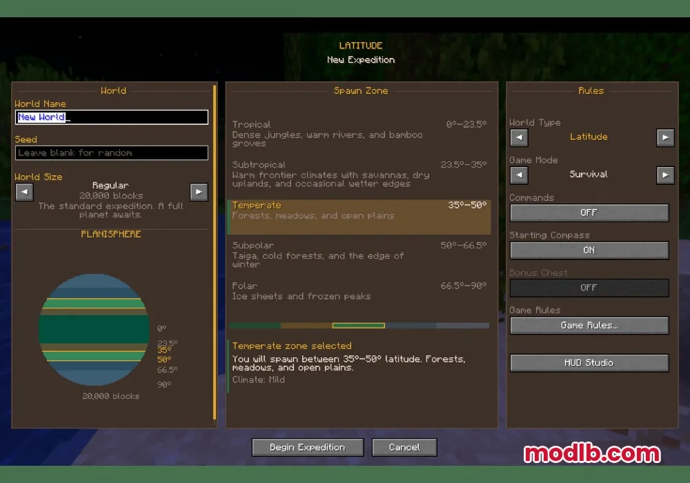 Latitude Mod Screenshot 4 The Latitude mod world creation menu for selecting starting climate zones