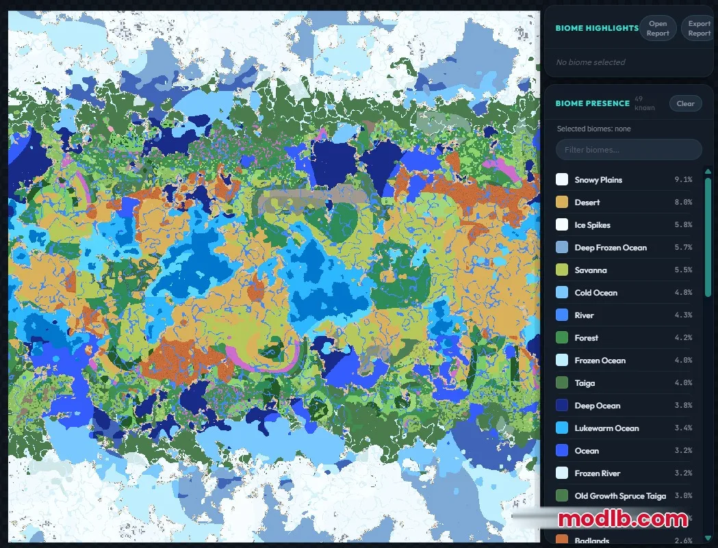 Latitude Mod Screenshot 3 A colorful world map displaying biome distribution and percentage statistics