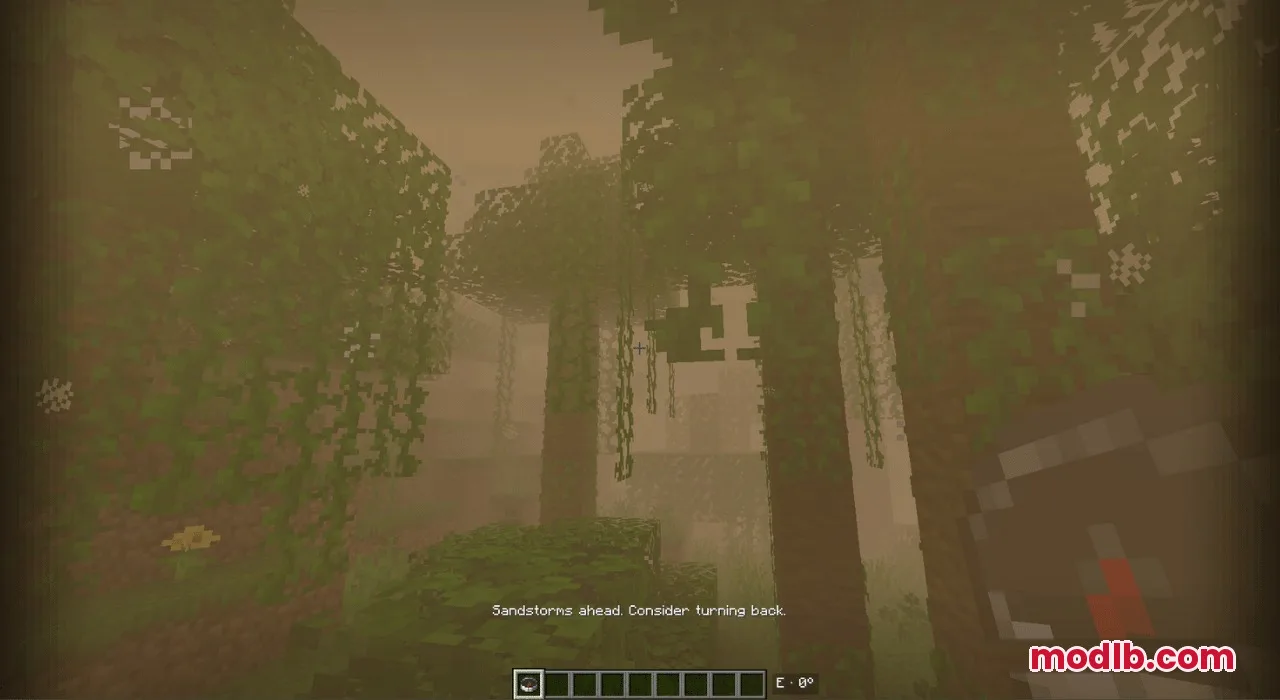 Latitude Mod Screenshot 6 Warning message about sandstorms appearing on screen while exploring a foggy forest