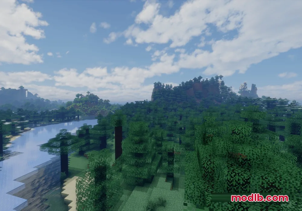 Latitude Mod Screenshot 5 Scenic Minecraft landscape featuring a winding river and lush green mountain forests