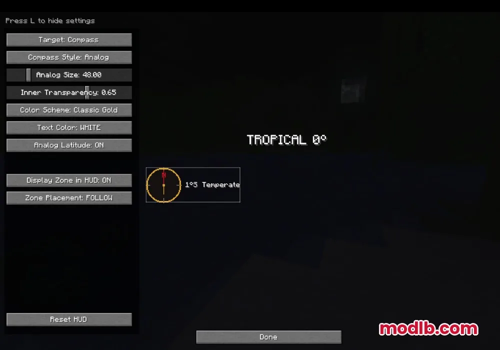 Latitude Mod Screenshot 8 Configuration menu for customizing the compass and latitude display on the HUD
