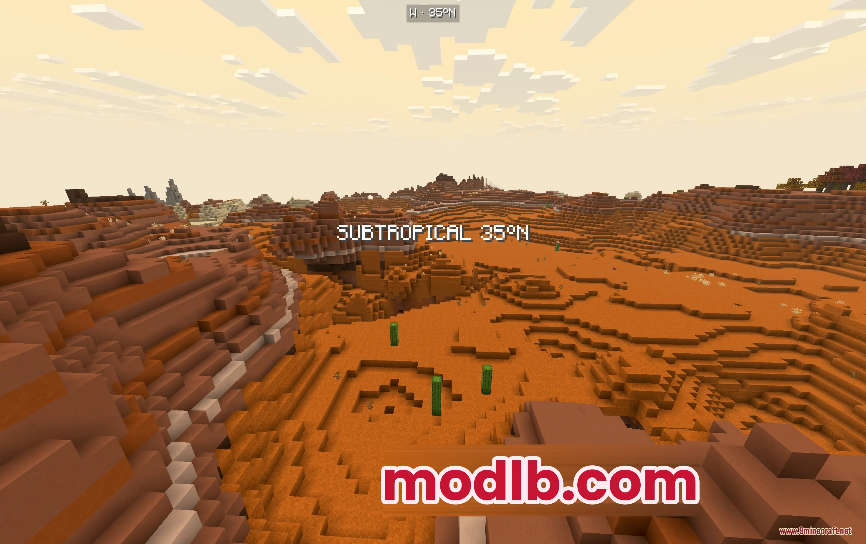 Latitude Mod Screenshot 2 Red sand desert biome with cacti and subtropical latitude text on screen