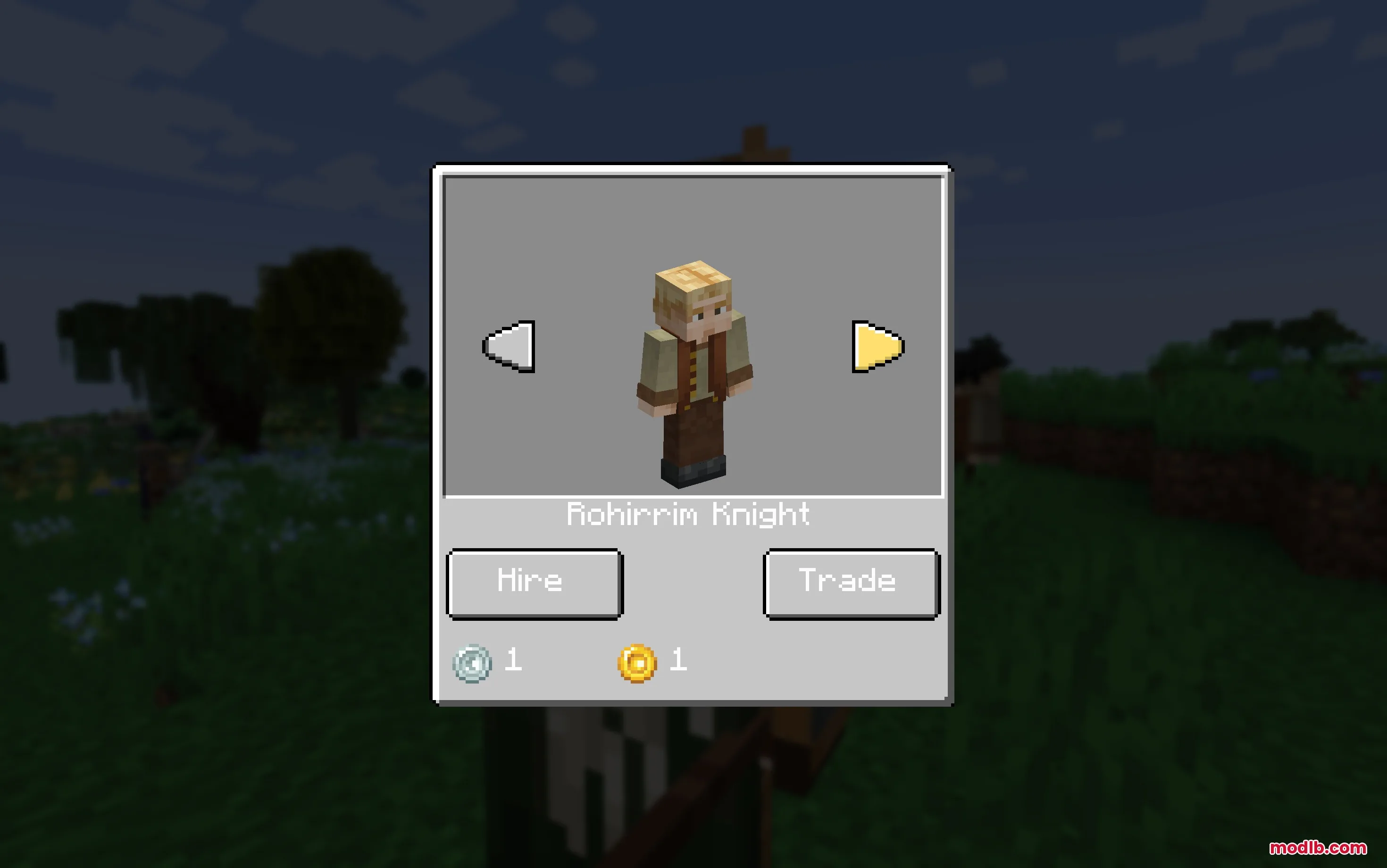 A Minecraft interface for hiring a Rohirrim Knight using silver and gold coins