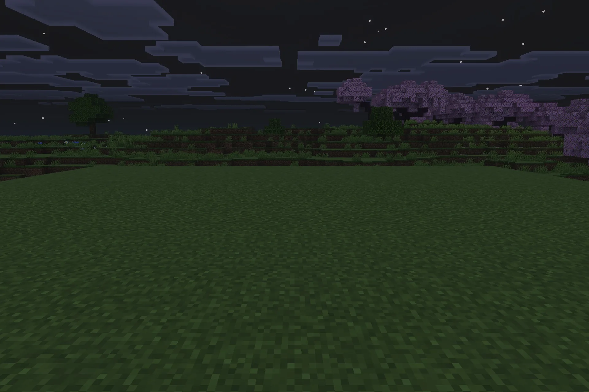 Lilium Dynamic Light Addon Screenshot 5 Dark Minecraft landscape at night with a flat grassy field and cherry trees
