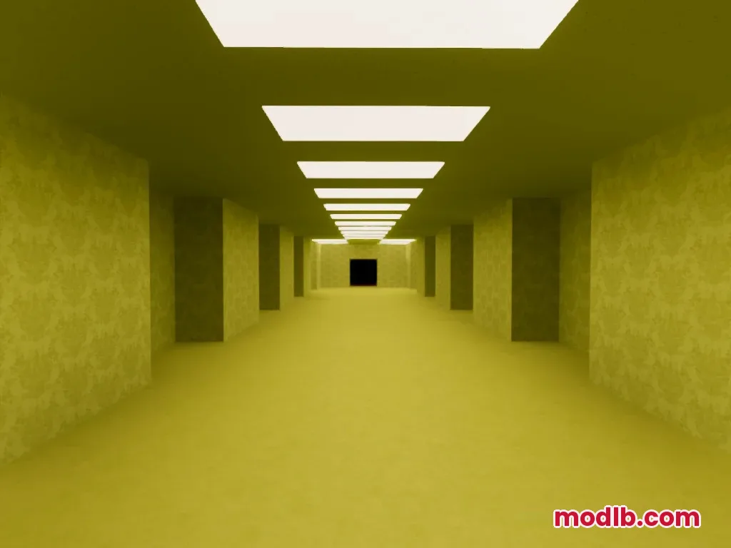 Wide hallway with yellow wallpaper and fluorescent lights from Linal Threshold pack