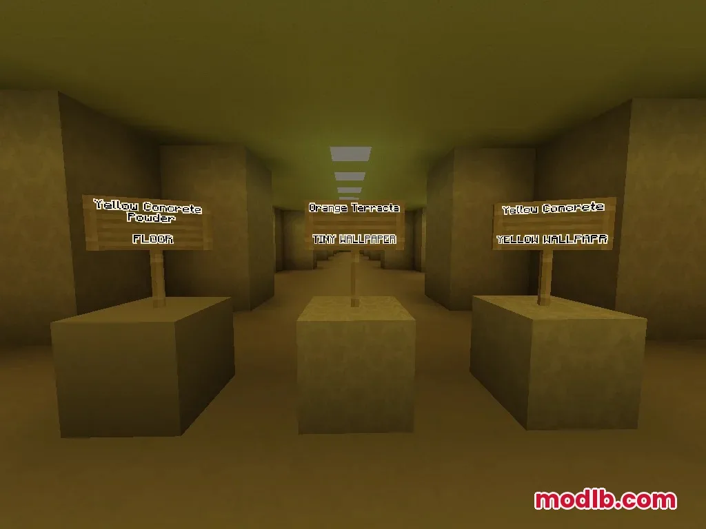 Three blocks on pedestals displaying floor and wallpaper textures in a hallway