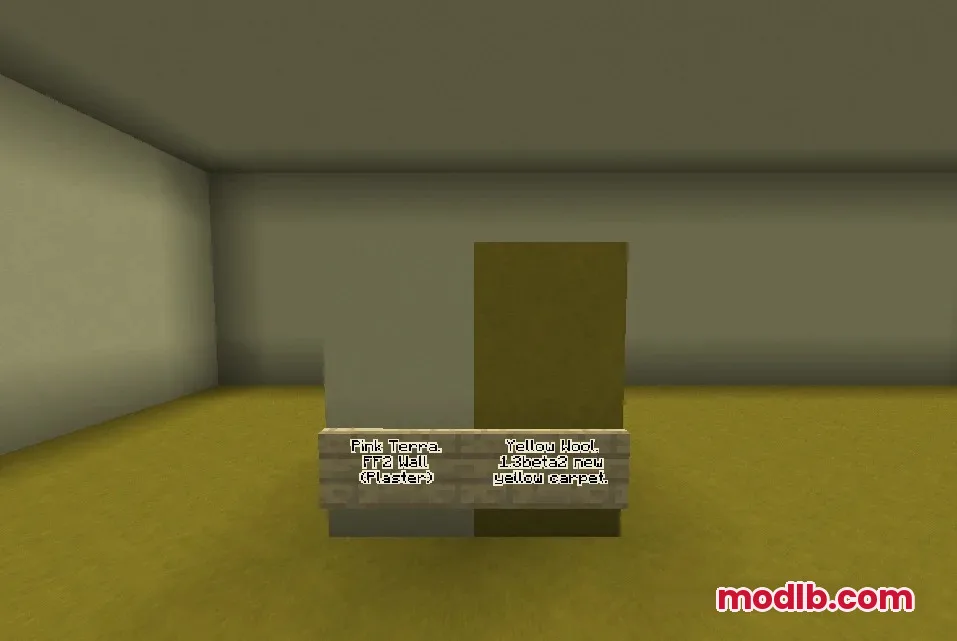 Minecraft blocks with signs showing plaster wall and yellow carpet textures