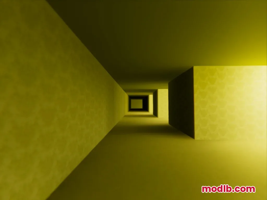 Perspective view of a yellow corridor with patterned wallpaper and dark openings