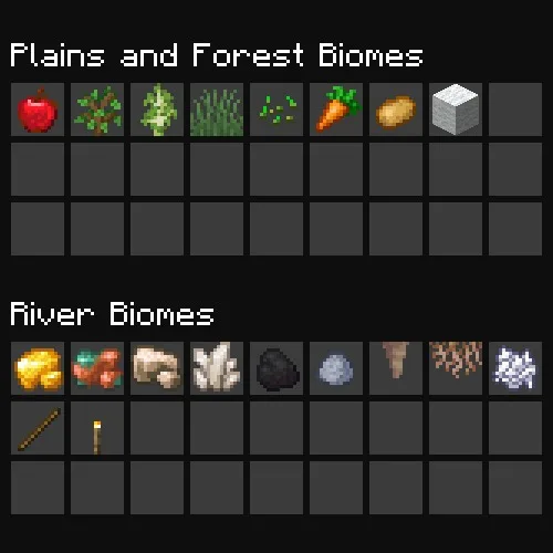 Localized Fishing Tables Data Pack Screenshot 8 Minecraft inventory showing fishing loot from plains and forest and river biomes