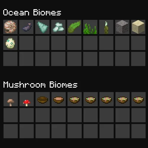 Localized Fishing Tables Data Pack Screenshot 6 Inventory grids displaying unique items for Ocean and Mushroom biome fishing