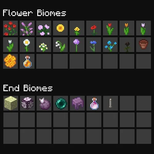 Localized Fishing Tables Data Pack Screenshot 7 Minecraft inventory showing fishing loot from flower biomes and end biomes