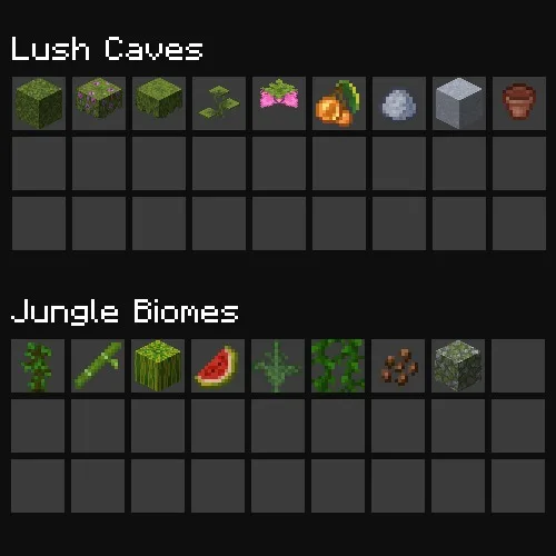 Localized Fishing Tables Data Pack Screenshot 5 Inventory grids displaying unique items for Lush Caves and Jungle biome fishing