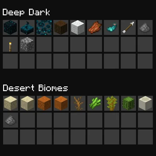 Localized Fishing Tables Data Pack Screenshot 2 Grid display of items caught while fishing in deep dark and desert biomes