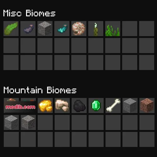 Localized Fishing Tables Data Pack Screenshot 1 Inventory grid showing potential fishing rewards from miscellaneous and mountain biome areas
