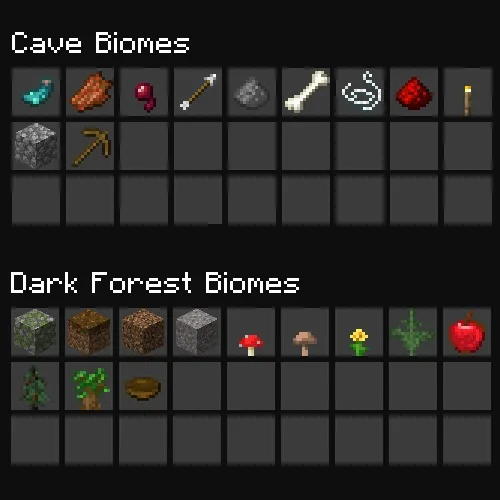 Localized Fishing Tables Data Pack Screenshot 3 Inventory grids displaying unique fishing rewards for cave and dark forest environments