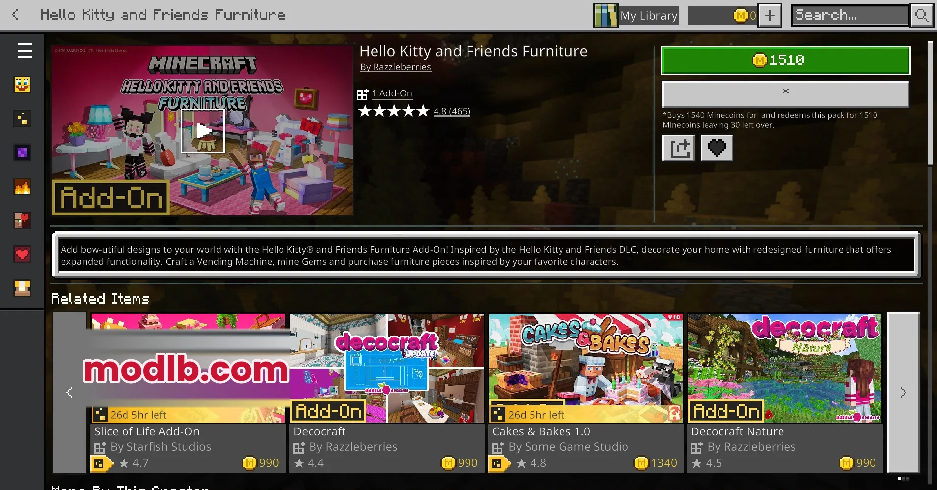 Lucky Block Race V1.8 Map Screenshot 3 Minecraft Marketplace page showing the Hello Kitty and Friends Furniture addon
