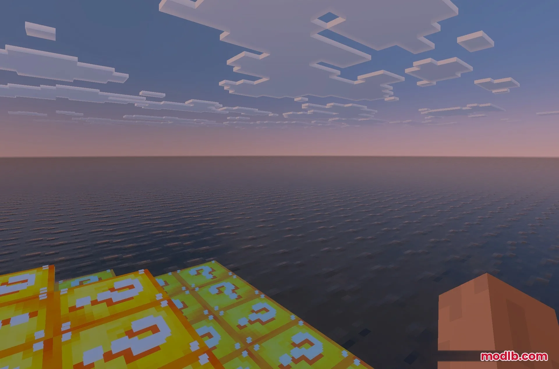 Lucky Block Survival Island Map Screenshot 4 The sun sets over a calm ocean viewed from a yellow block platform