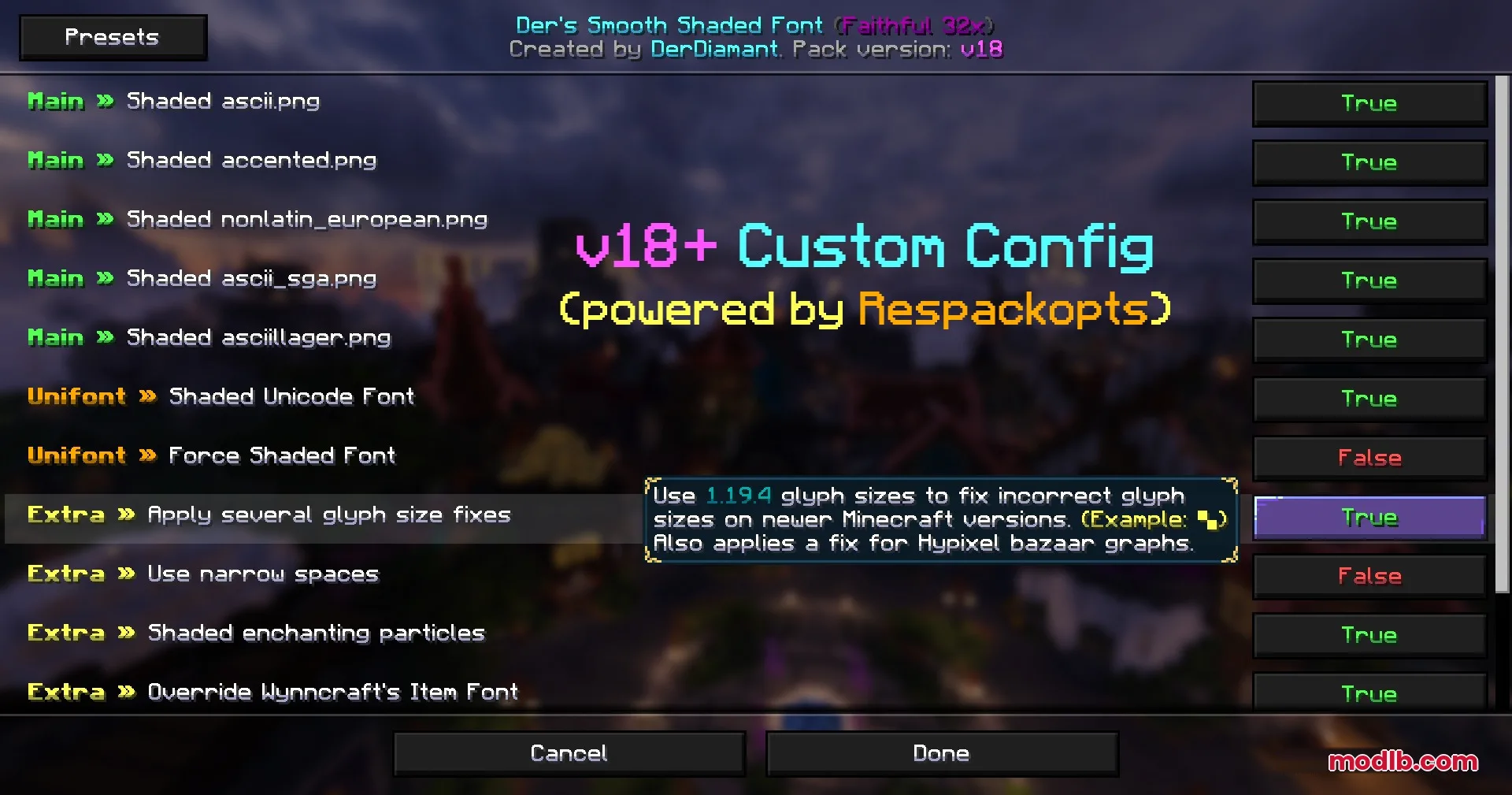 Lumina Velvet Script Resource Pack Screenshot 2 Settings menu for adjusting font options and glyph size fixes in Minecraft