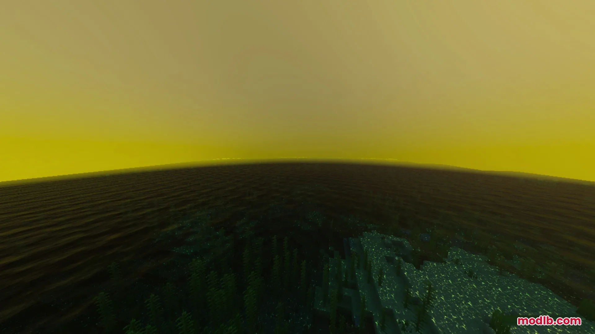 A vast dark ocean under a hazy golden sky with cinematic lighting
