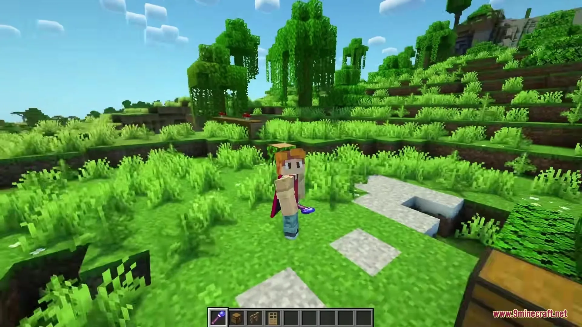 Magical Debug Stick Resource Pack Screenshot 7 A player character holding a glowing purple magic wand in a grassy field