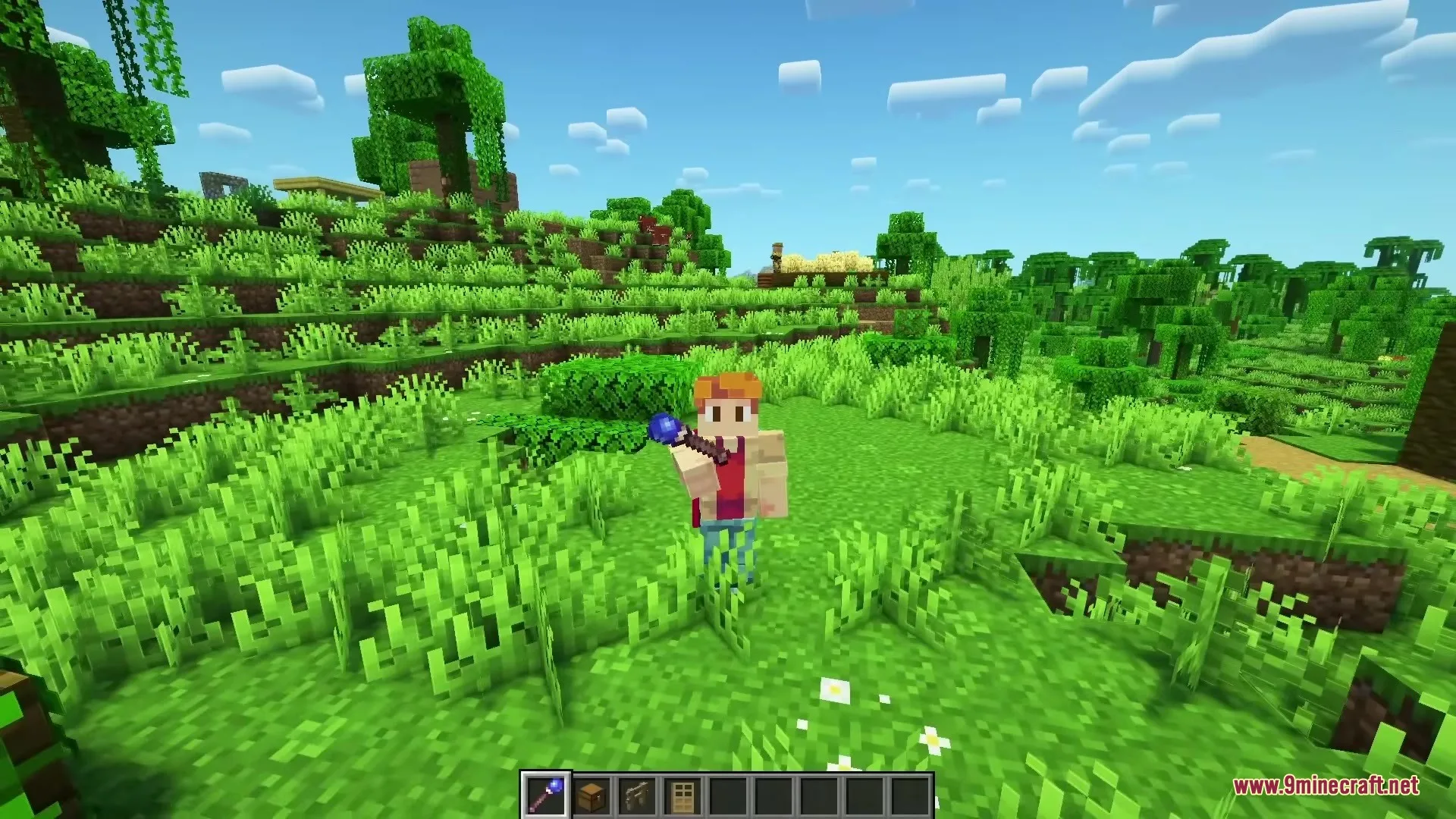 Magical Debug Stick Resource Pack Screenshot 2 A player character holding the Magical Debug Stick wand in a green forest