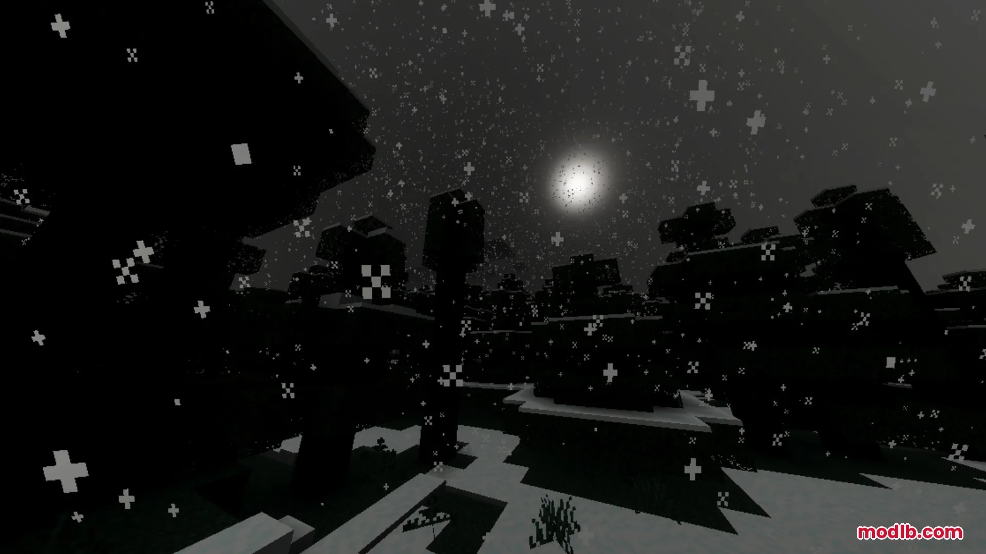 Snowflakes falling over a dark Minecraft forest under a bright full moon