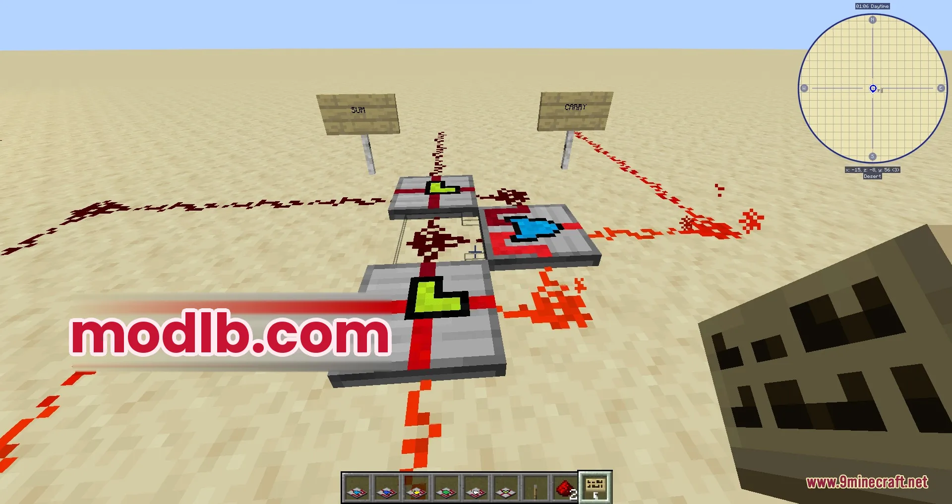 Advanced redstone logic blocks forming a binary adder in a desert biome