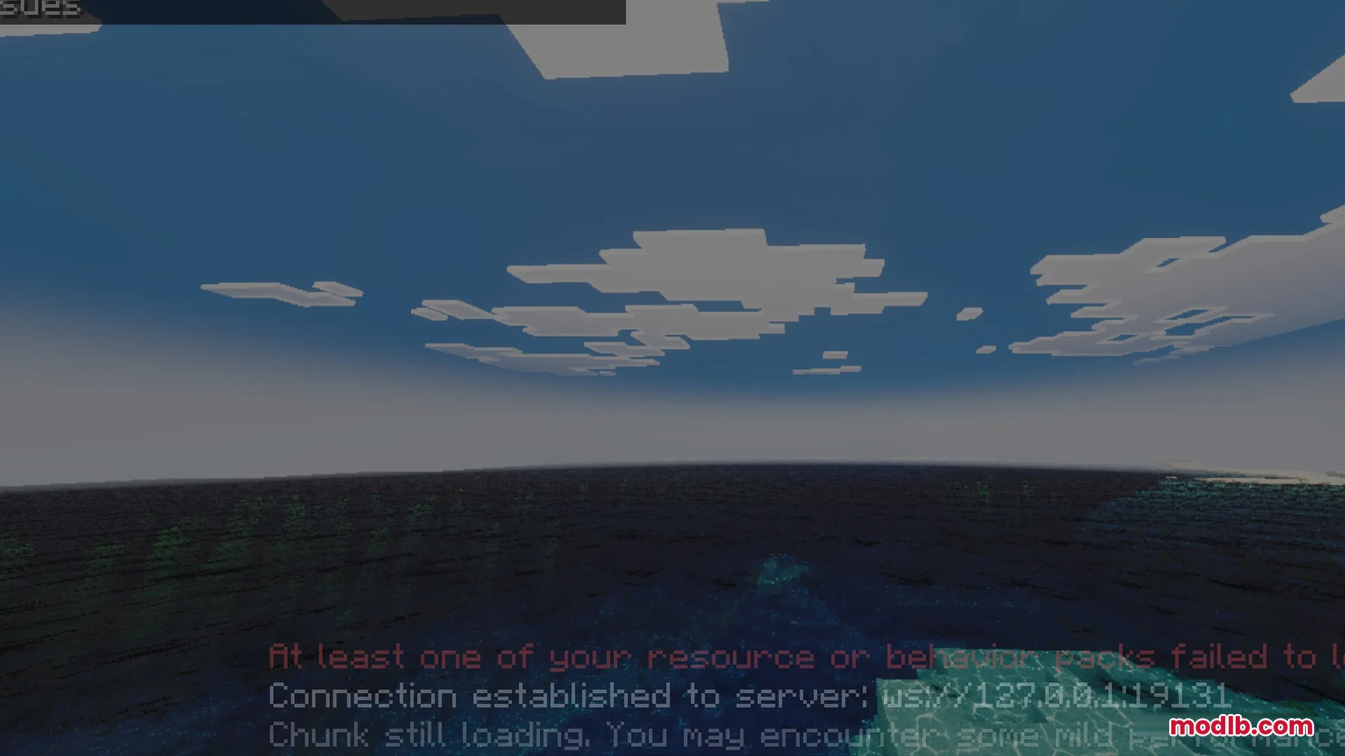 Mike's Chroma Visuals Shader Screenshot 1 A dark ocean scene with server connection and resource pack error messages