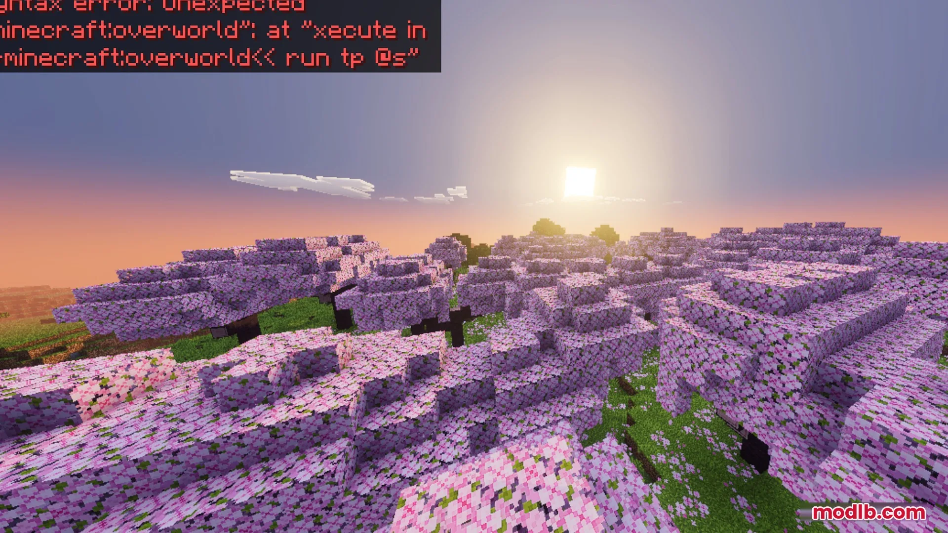 Mike's Chroma Visuals Shader Screenshot 2 Vibrant pink cherry blossom trees under a bright sunset with cinematic lighting