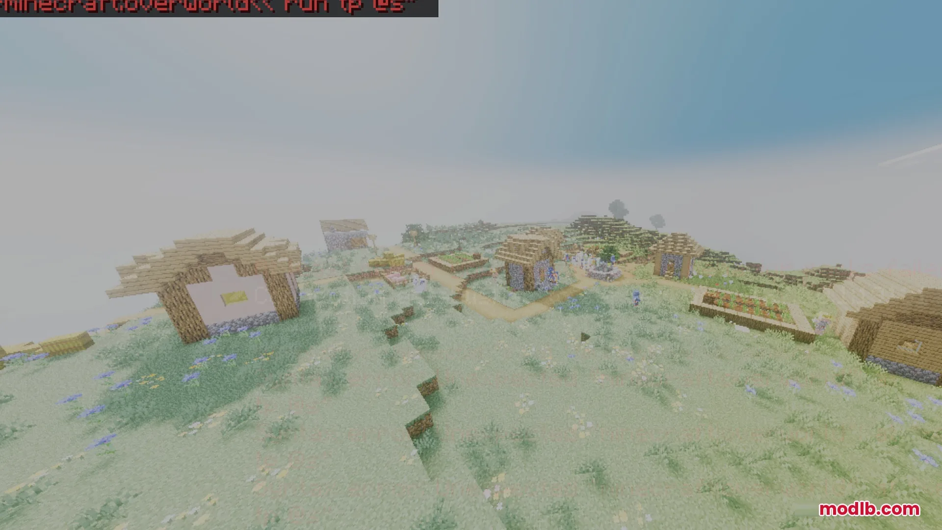 Mike's Chroma Visuals Shader Screenshot 4 A peaceful village with wooden houses and farms on a grassy plain